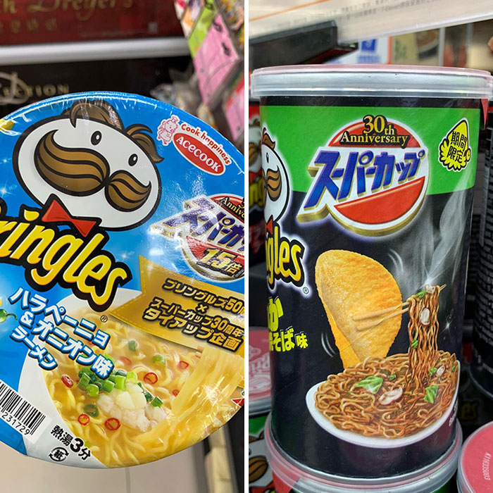 Walked Into A Store In Hong Kong And Saw These Stacked Side By Side. Noodle-Flavored Pringles And Pringle-Flavored Noodles