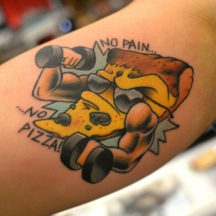 Muscular slice of pizza watercolor tattoo
