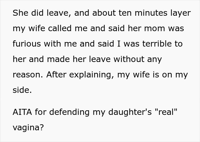 Guy Asks If He’s A Jerk For Getting In A Fight With His MIL About His Daughter Having “Real” Private Parts Guy Asks If He’s A Jerk For Getting In A Fight With His MIL About His Daughter Having “Real” Private Parts