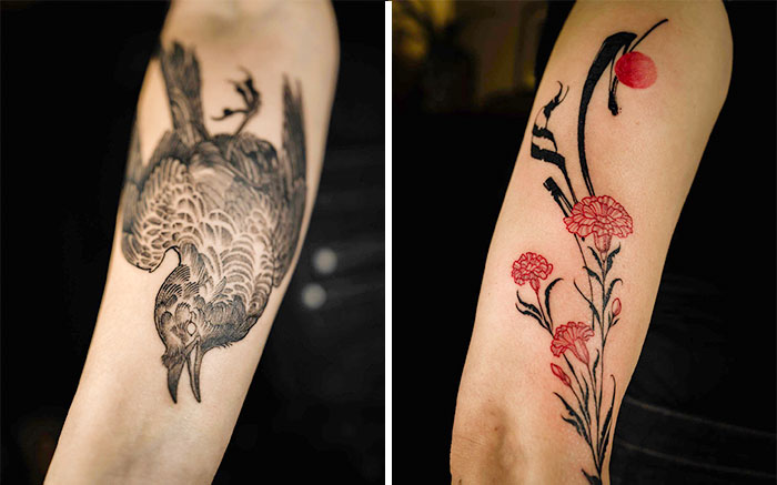 Colorful bird and flower hand tattoos 