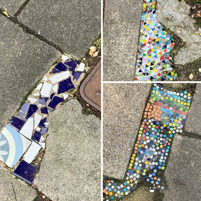 Someone In My Neighbourhood Has Been Filling In Cracks In The Pavement With Mosaic!