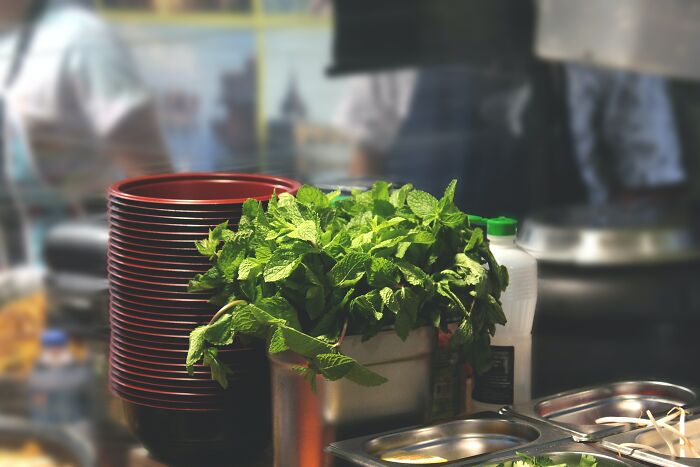Mint leaves in a metal container in a kitchen 