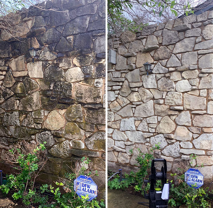 Fotos de antes y después de limpiar a presión el muro de piedra de delante de mi casa