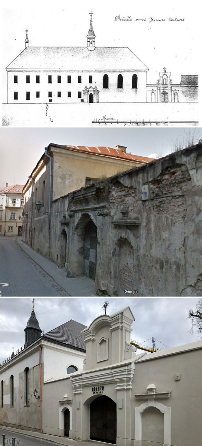 A Former Monastery And Chapel On One Of The Oldest Streets In Vilnius, Lithuania. Pictured From Top To Bottom Are: A Facade Scheme (1834), A Google Street View Screenshot (2012) And Ongoing Works (2020) Across The Rest Of The Massive Ensemble