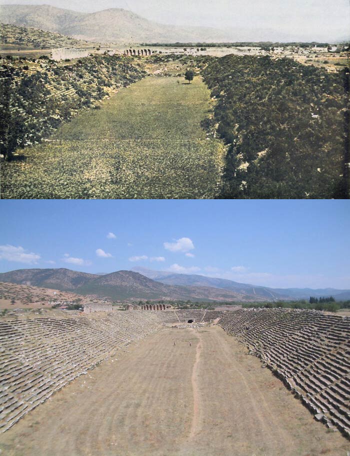 The Stadium Of Aphrodisias In Western Anatolia, Present-Day Turkey, Before And After Excavation