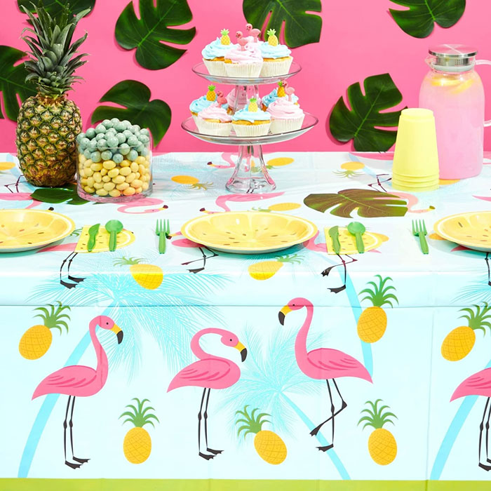 Flamingo tablecloth on the table 