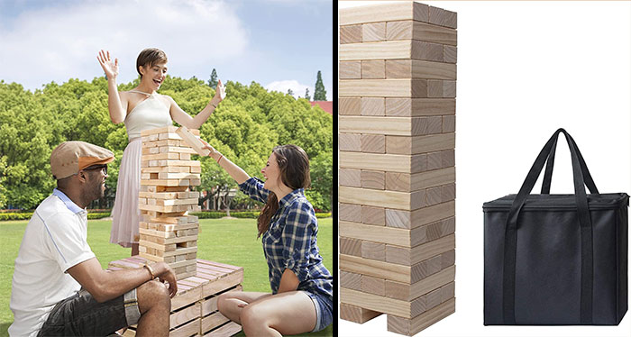 People playing with tumble tower