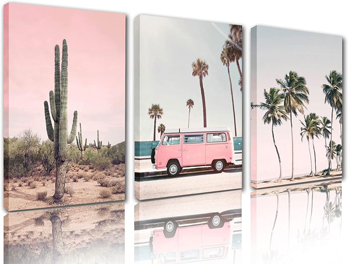 Pink paintings with the van and palm trees 