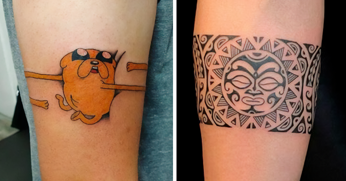 Red Heart Flowers and Tribal Armband Tattoo Design - TattooWoo.com