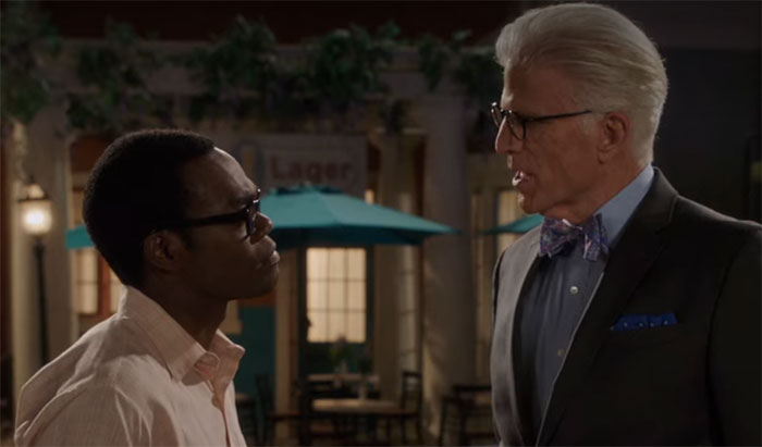 Michael and Chidi talking 