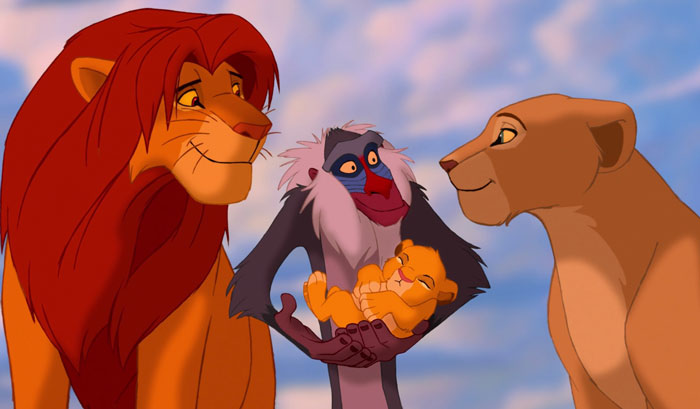 Mufasa, Nala and Rafiki holding simba from The Lion King