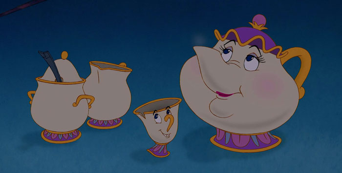 Mrs. Potts with cups looking from Beauty and the Beast