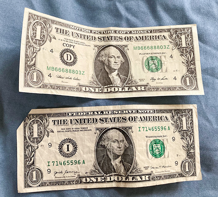 This Fake $1 Bill Made For Use In Movies That Ended Up In My Wallet. Real Bill For Comparison
