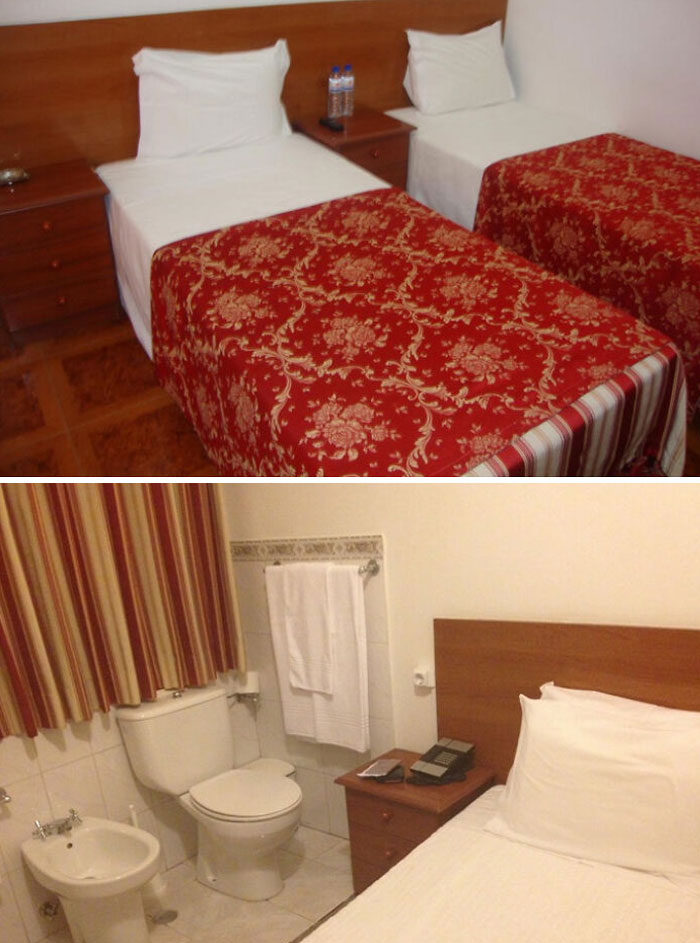 Picture Of My Hotel Room On Booking Website vs. Picture I Made When We Walked Into The Room. I Hope My Roommate Doesn't Need To Use The Toilet Tonight