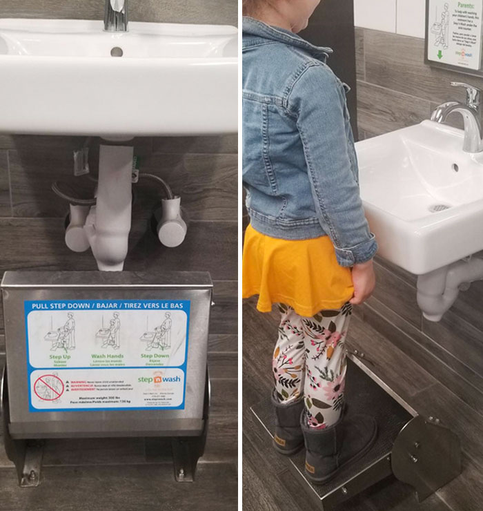 This Public Restroom Has A Self-Retracting Step Installed Under The Sink So Children Can Reach To Wash Their Hands