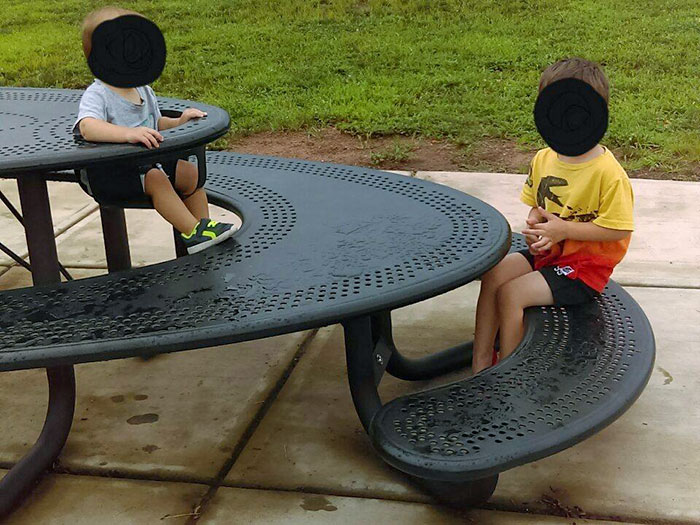 This Picnic Table Has A Built-In Seat For Infants And A Small Bench For Kids