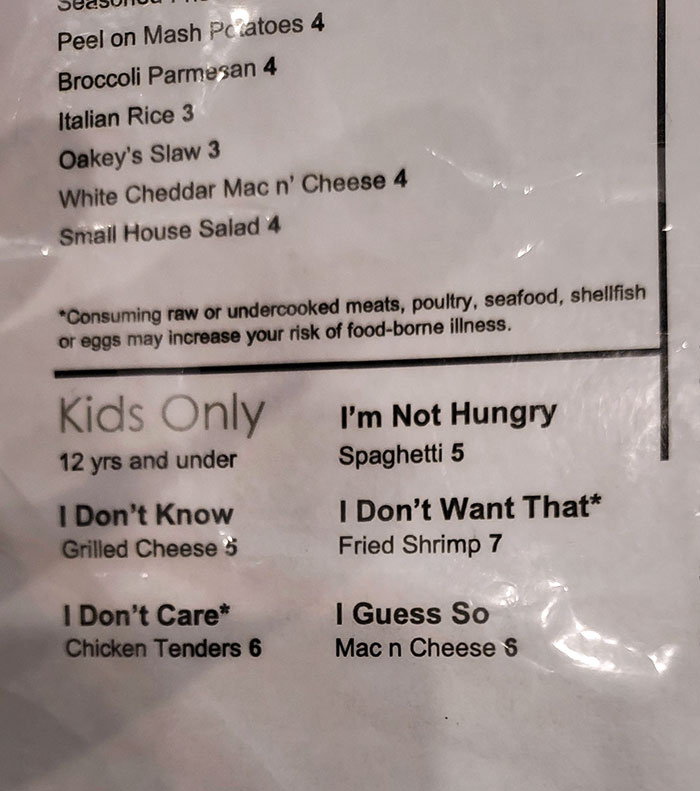 The Kid's Menu At This Restaurant I Stopped In