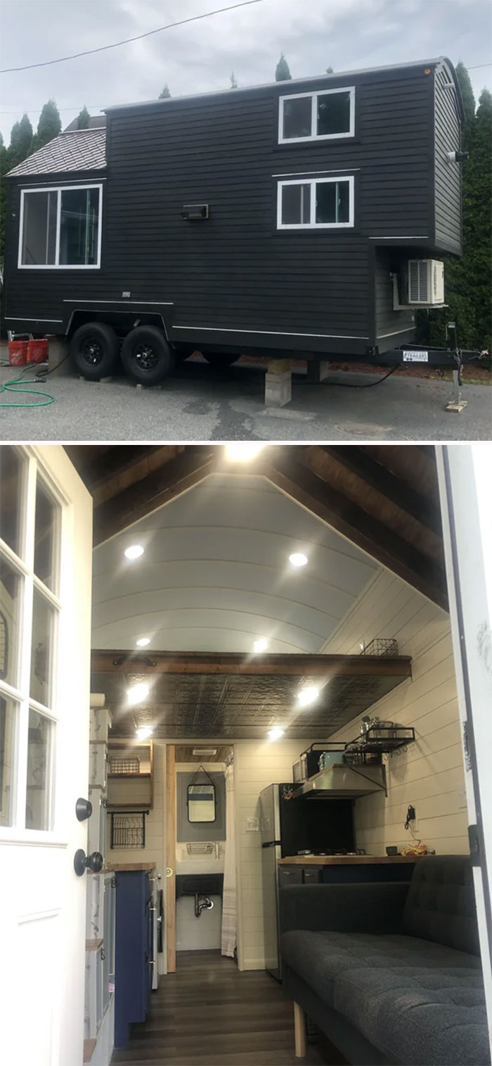 Grey tiny house on wheels exterior with white trim and modern interior featuring a kitchen, bathroom, and living area design.