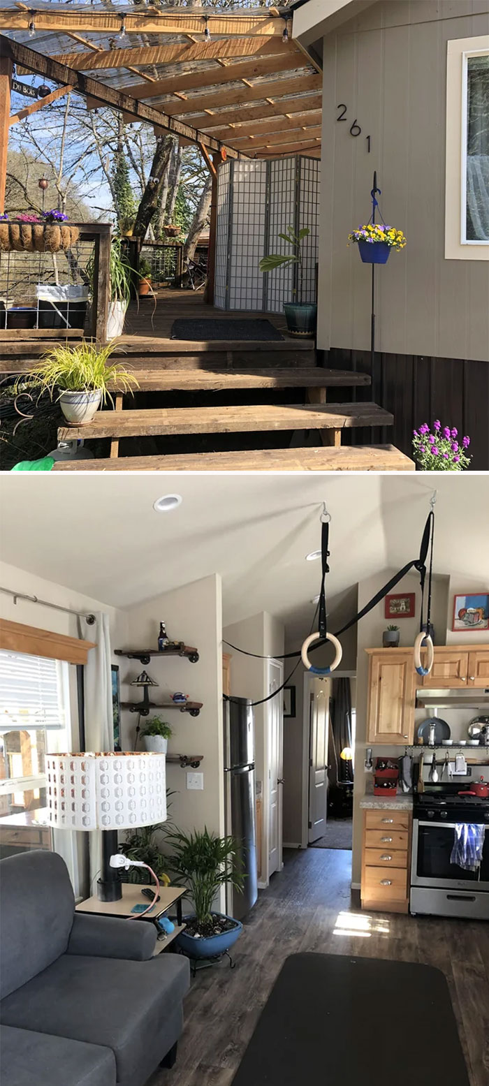 Small house with wooden pergola patio exterior and cozy interior featuring kitchen and gymnastic rings in tiny house designs.