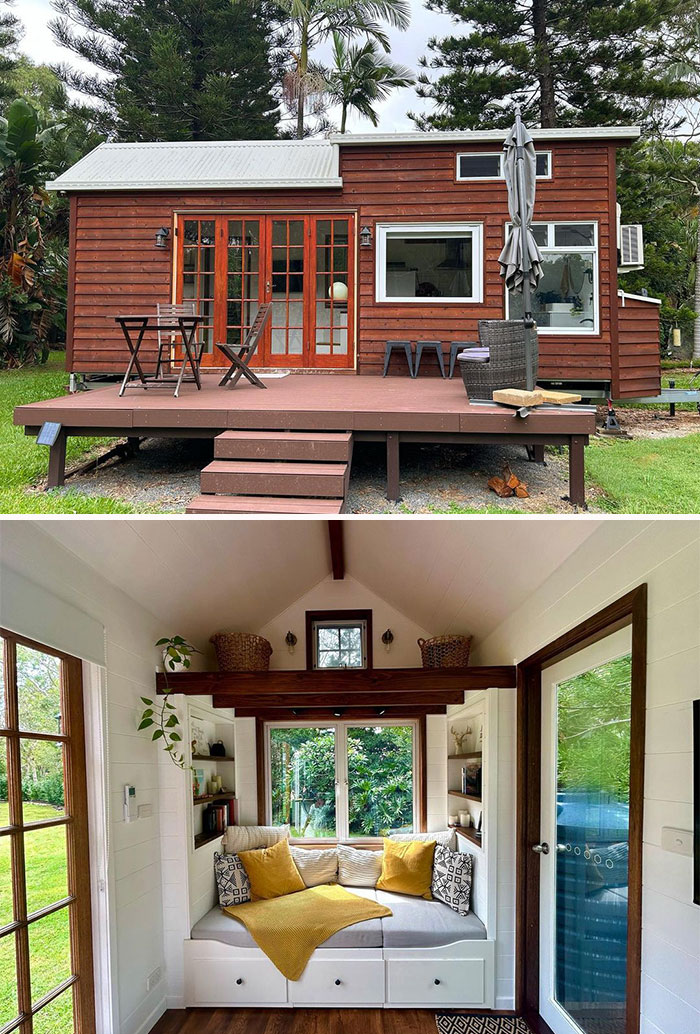 Red tiny house with patio 
