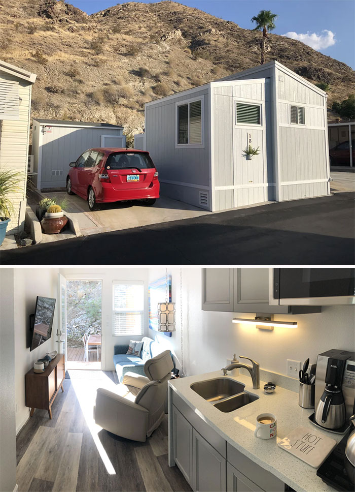 Red car parked beside a modern small grey tiny house design with mountain backdrop and cozy interior visible.