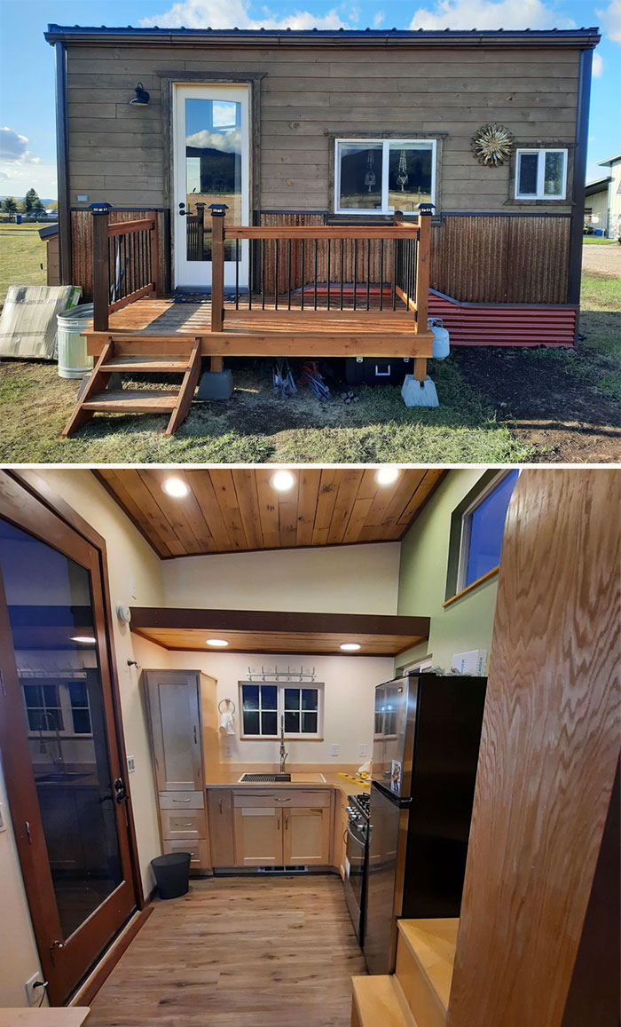 Small wooden tiny house with a patio and modern kitchen interior featuring wood finishes and compact design elements.