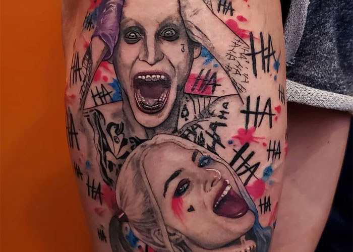 Tattoo design featuring Joker and Harley Quinn with "HA" marks symbolizing iconic comic characters.