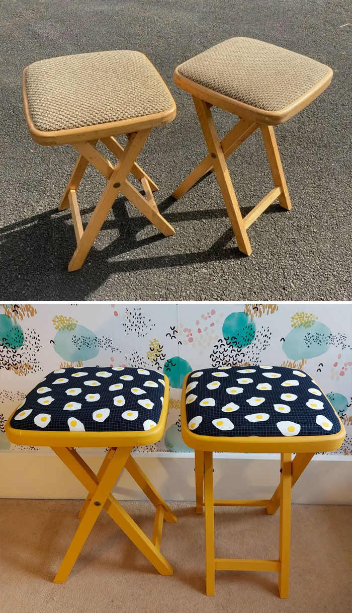 A Bit Of A Silly One But I Love Them. 1960s Folding Stools That Have Been Reupholstered And Painted With Dixie Belle Chalk Paint With A Cheeky Fried Egg Theme