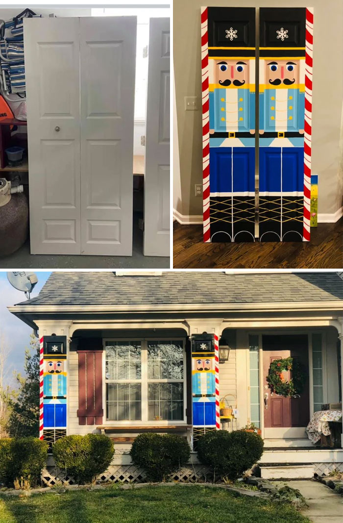 ¡Hola! He convertido unas puertas plegables que regalaban en mi sitio gratuito local en decoración navideña para el porche de mi casa (pintadas a mano)