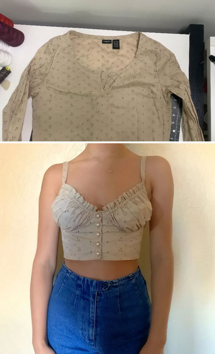 I Upcycled A Thrifted Cotton Eyelet Shirt Into A Milkmaid Top. I Drafted The Pattern Myself, The Top Has Adjustable Straps And Gathered Cups. I Added Thrifted Vintage Pearl Buttons For The Center Closure!