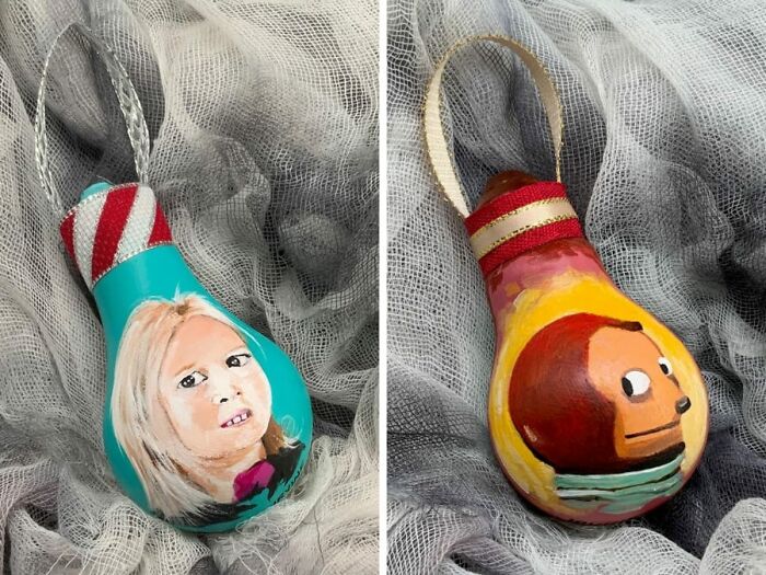 Hand Painted Ornaments On Salvaged Burnt Out Light Bulbs--Meme Theme