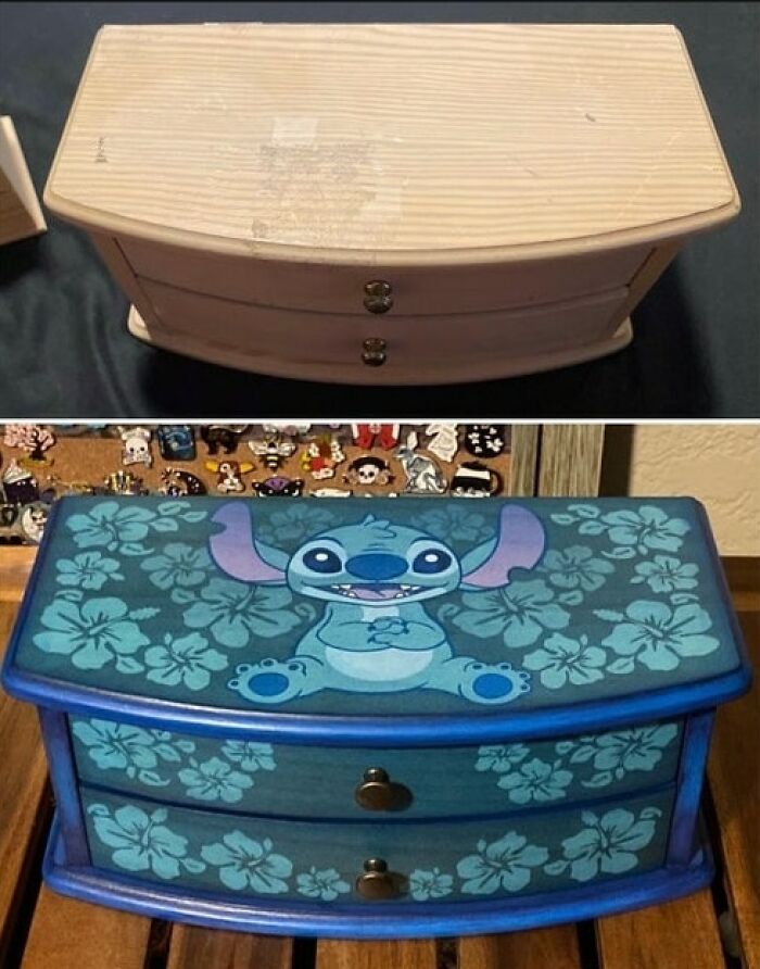 I Upcycled This Plain, Dated Jewelry Box I Thrifted Into Something More Fun! I Themed It With Stitch Because It Includes A Music Box Mechanism That Plays “Teddy Bear” By Elvis