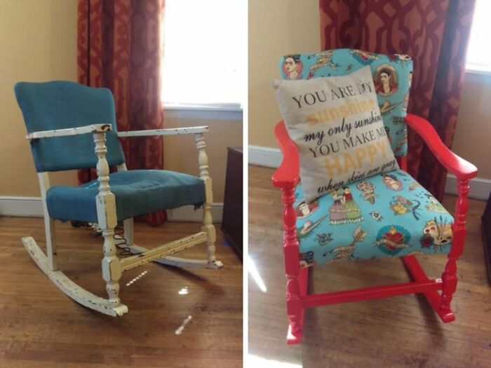 Found This Old Rocking Chair In The Trash. Fixed The Springs And Gave It Some Fresh Paint And Fabric