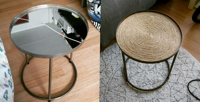 Got This Side Table From The Curb. It's Top Was Broken, So I Spend A Little Over 3 Hours And €4 Worth Of Rope And Glue To Upcycle It To This!