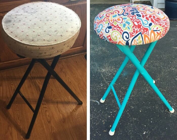 A Little Effort Can Save A Lot Of Money! Got This Stool For Free And Used One Can Of Spray Paint, Discounted Remnant Fabric, And New Rubber Feet!
