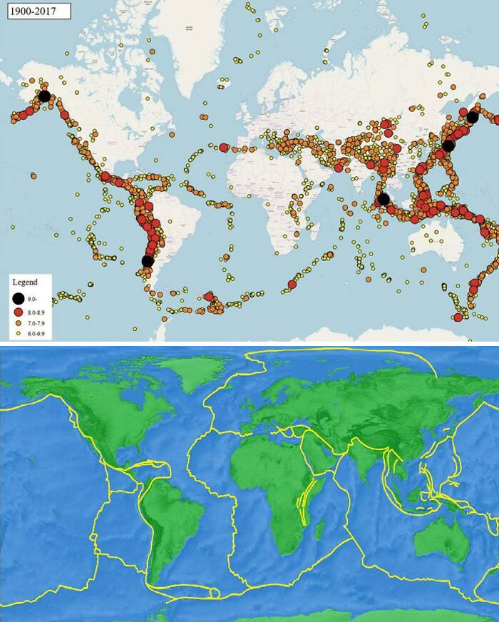 Someone Here Posted A Map Of Earthquakes Since 1900(Top One) Now Watch It 1by1 To The Map Of Actual Tectonic Plates(Bottom One)
