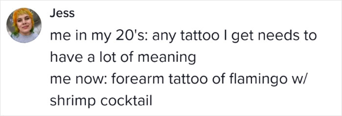 Text conversation about meaningful tattoos, later regretted: "Forearm tattoo of flamingo with shrimp cocktail. Text conversation about meaningful tattoos, later regretted: "Forearm tattoo of flamingo with shrimp cocktail.