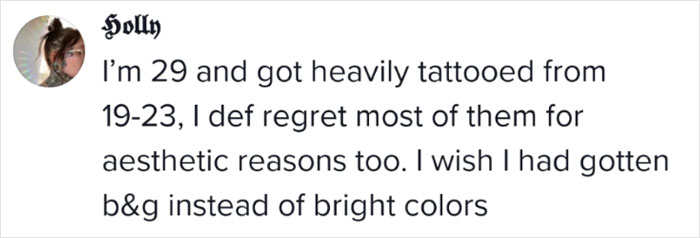 Woman expresses regret over colorful tattoos, wishes for black and gray instead. Woman expresses regret over colorful tattoos, wishes for black and gray instead.