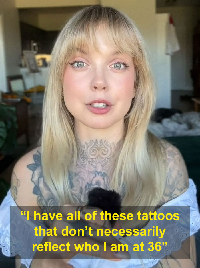 Woman expressing regret over tattoos with a quote about her identity change at 36. Woman expressing regret over tattoos with a quote about her identity change at 36.