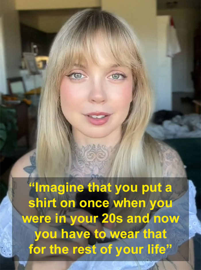 Woman discussing regret over tattoos with a thoughtful expression and floral decor, sharing personal insights on tattoo experiences. Woman discussing regret over tattoos with a thoughtful expression and floral decor, sharing personal insights on tattoo experiences.