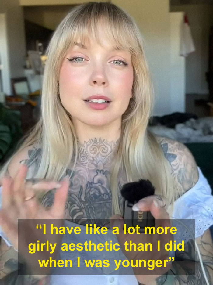 Woman expressing regret about tattoos, discussing changes in personal aesthetic as she got older. Woman expressing regret about tattoos, discussing changes in personal aesthetic as she got older.