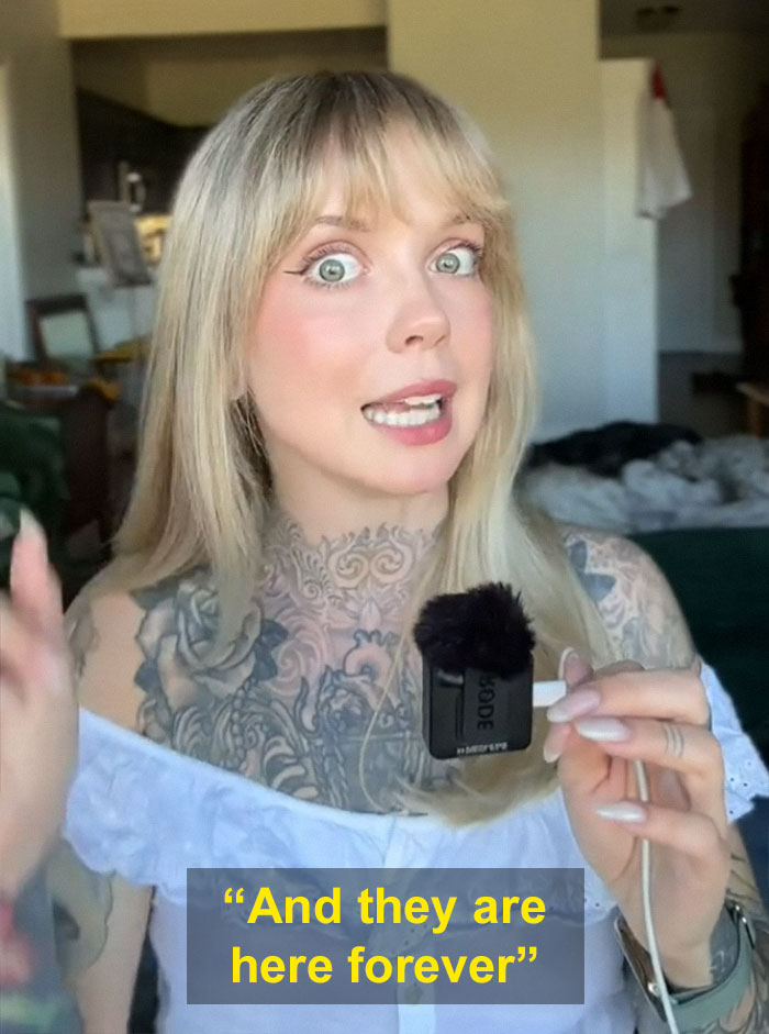 Woman with visible tattoos discusses her regret about them, holding a microphone. Text reads, "And they are here forever. Woman with visible tattoos discusses her regret about them, holding a microphone. Text reads, "And they are here forever.