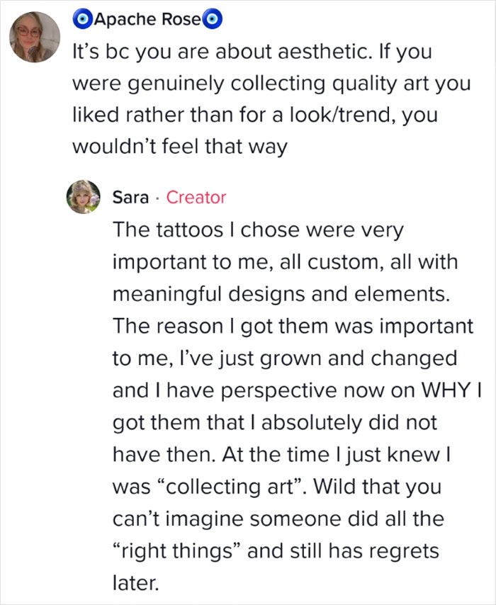 Text exchange about tattoo regret; woman explains perspective change on meaningful designs over time. Text exchange about tattoo regret; woman explains perspective change on meaningful designs over time.
