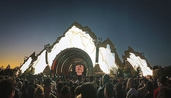 Glowing stage and crowd at the Astroworld Festival, 2021