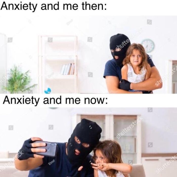 Masked person holding a nervous child, then taking a selfie, showing relatable introvert anxiety memes humor.