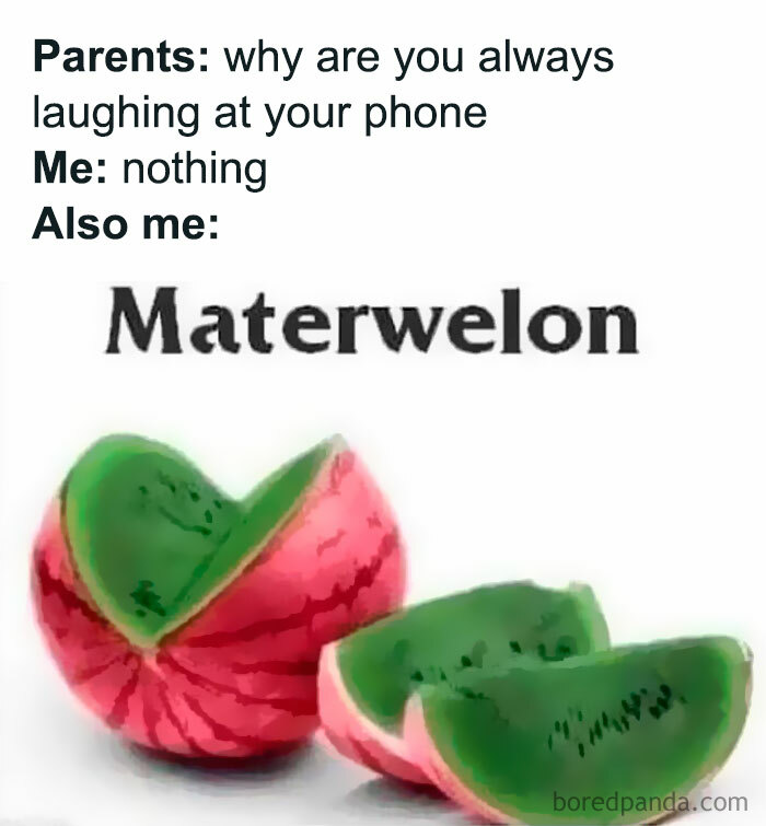 Introvert meme showing a watermelon with green flesh and a funny phone laughter joke.