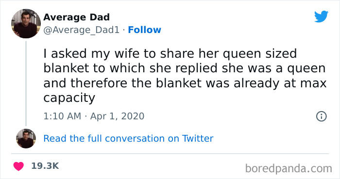 Tweet by Average Dad joking about his wife's reply to sharing a queen-sized blanket; features a relatable meme.