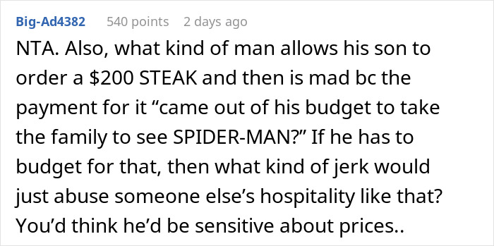Sister's Family Tries Shaming Man For Not Paying $190 For Their Son's Steak, Despite The Man Warning The Boy Not To Order It