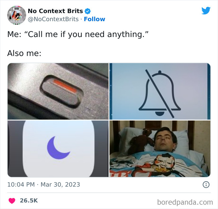 Tweet showing introvert meme with phone on silent, do not disturb icons, and Mr. Bean lying awake in bed for relatable introvert humor.