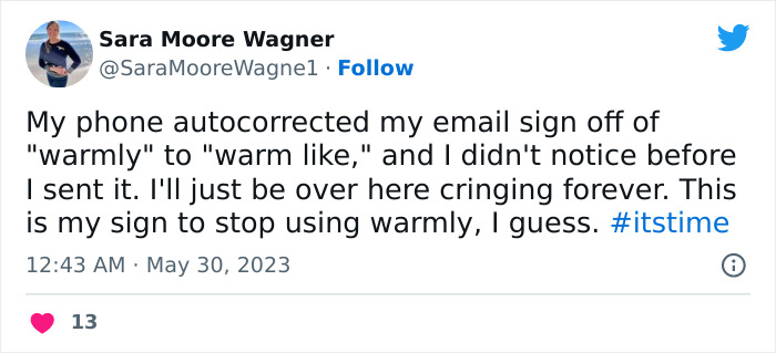 Tweet roasting email culture with humorous autocorrect mistake.